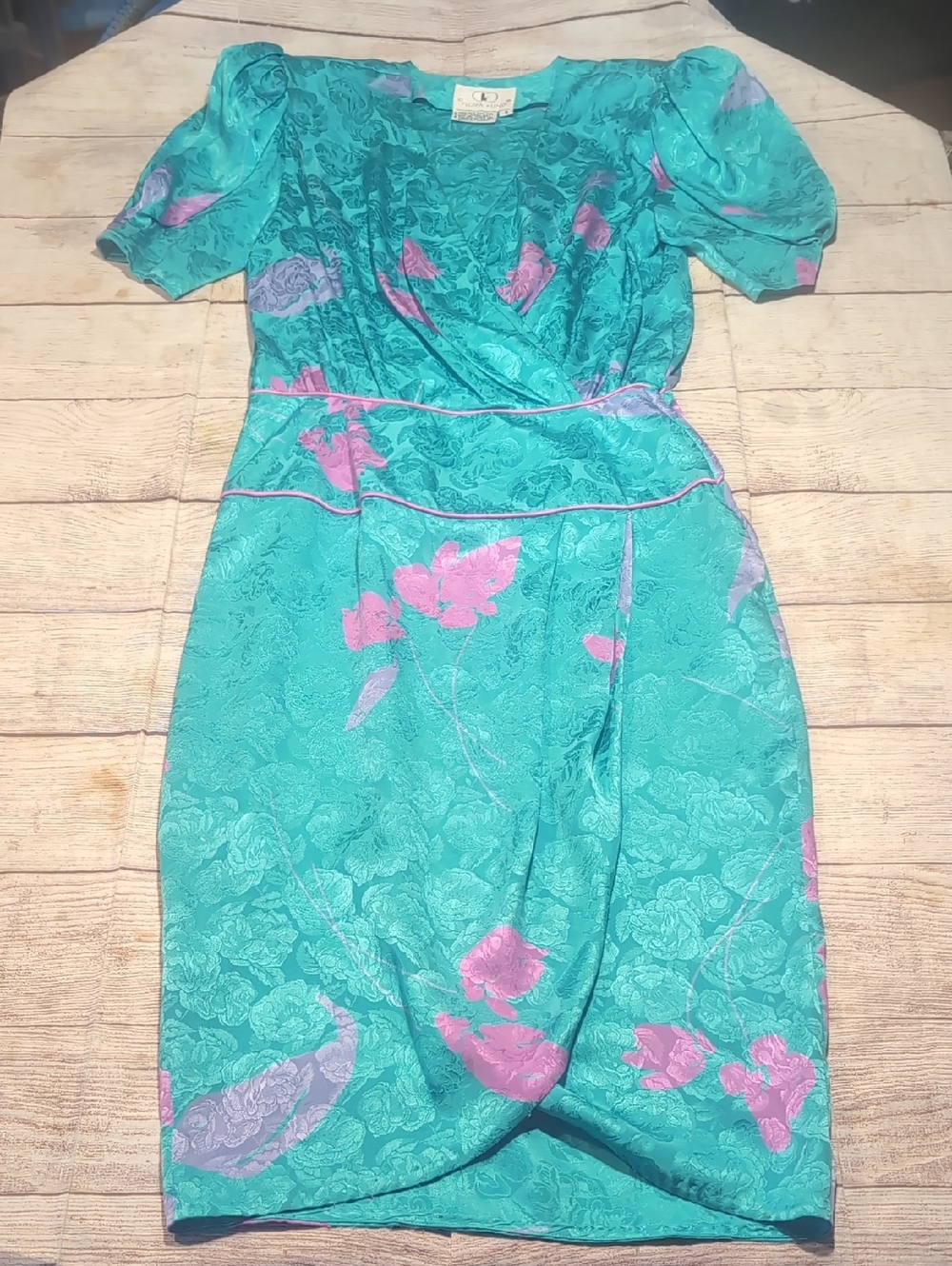 Flora Kung Vintage Silk Teal With Pink Floral Dress Size 8